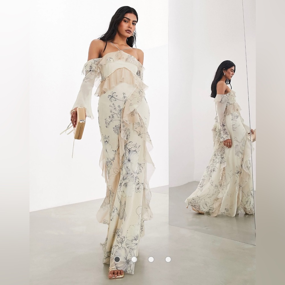 ASOS halter cold shoulder raw edge ruffle maxi dress in etchy floral print NWT